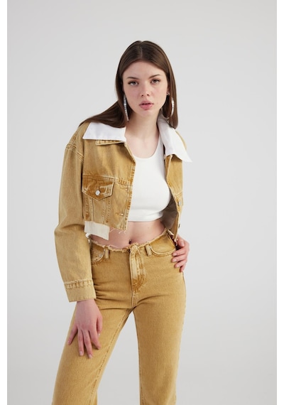 Holly Lolly Mermer Desenli Çıkarılabilir Yaka Detaylı Crop Kesim Cepli Rusted Jean Ceket Camel