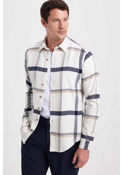 Tudors Erkek Slim Fit Dar Kesim Kareli Kışlık Oduncu Gömlek-42376 Ekru
