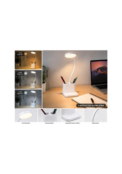 Tr 3 Modlu Led Masa Lambası Ve Kalemlik Esnek Boyunlu Dokunmatik Çalışma Lambası, Kalem Organizerli Masaüstü Diğer 26193487