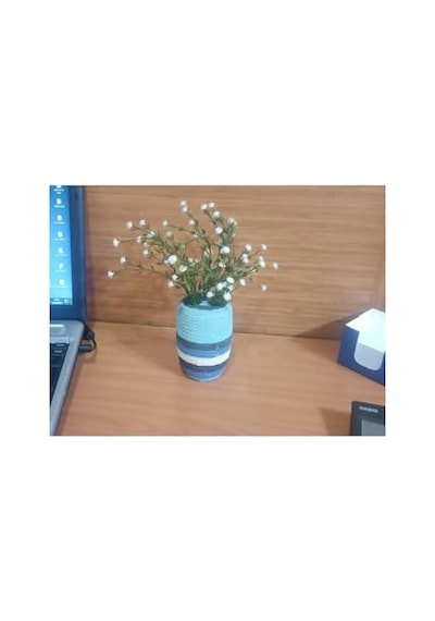 2 Adet Vazo Dahil,vazoda Çiçek,beyaz Yapay Çiçek,vazo Dekoratif Mavi Örgü Poliresin 7x7x16cm Diğer