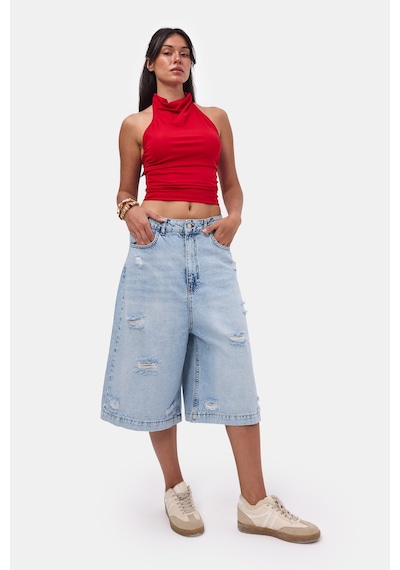 it's basic Kadın Kot Rengi 12s6-3 Tasarım Baggy Bermuda Denim Şort Çok Renkli