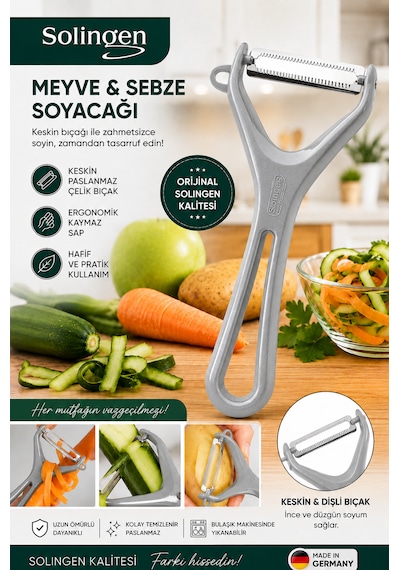 Solingen Meyve Sebze Soyacağı Paslanmaz Çelik Profesyonel Soyacak Gri