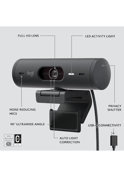 Otomatik Işık Düzeltme, Gösteri Modu, Çift Gürültü Azaltıcı Mikrofon, Grafit Özellikli Logitech Brio 500 Full Hd Web Kamerası