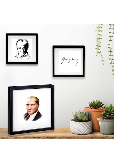 Mustafa Kemal Atatürk Tasarımlı Yapışkanlı Sök Tak Paspartulu Pola 3 'lü Çerçeve