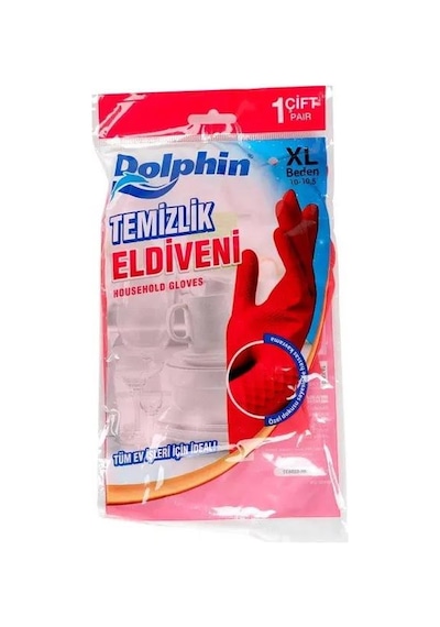Dolphin Lateks Bulaşık Temizlik Eldiveni - Kırmızı - Xl - No : 10 - 5 Çift - Paket