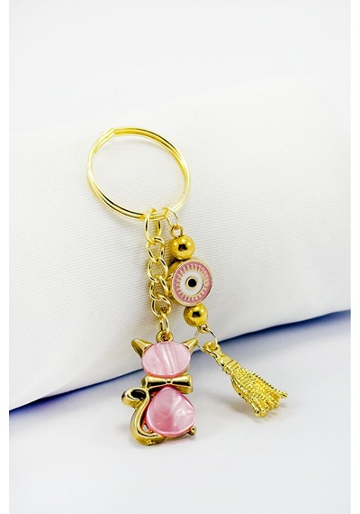 Pembe Renkli Sedefli Sevimli Kedi Figürlü Salkım Anahtarlık, Hedi