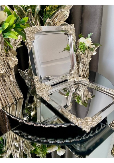 Atabey Home Collection 6'lı Kahve & Çay & Sunum Tepsisi Metal Döküm Kare Gümüş Gül Model