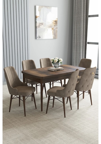 Zümra Serisi, Barok Ahşap Desen 80x132 Açılabilir Mdf Mutfak Masası Takımı 6 Adet Sandalye, Cappucino Zümra Serisi, Barok Ahşap Desen 80x132 Açılabilir Mdf Mutfak Masası Takımı 6 Adet Sandalye, Cappucino