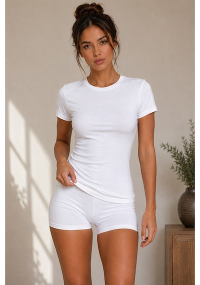 Parshey Kadın Slim Fit Body Üst Esnek Kumaş Bisiklet Yaka Günlük Basic Beyaz