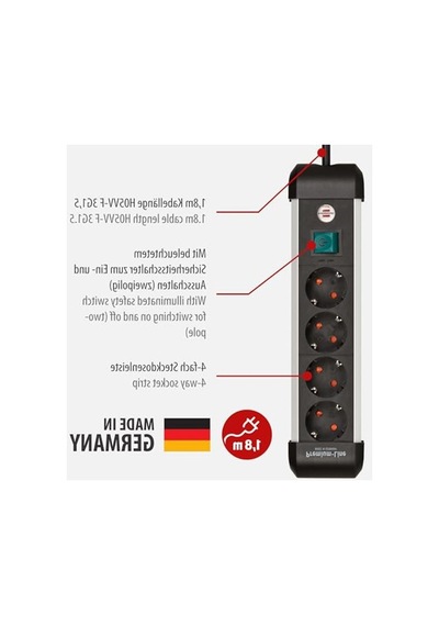 Brennenstuhl Premium-alu-line Çoklu Priz, 4'lü Priz, Yüksek Kaliteli Alüminyumdan Şalterli Çoklu Priz, 1,8 M Kablo, Alman Malı