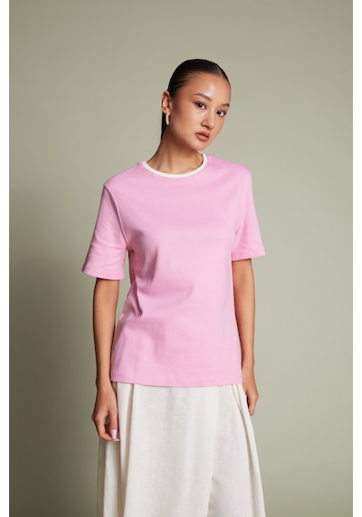 Pamuklu Kısa Kollu Kontrast Bisiklet Yaka T-shirt Pembe