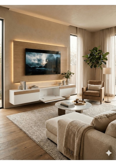 Purelıne Ledli Duvar Tv Ünitesi 180 Cm Beyaz-meşe 140 Cm