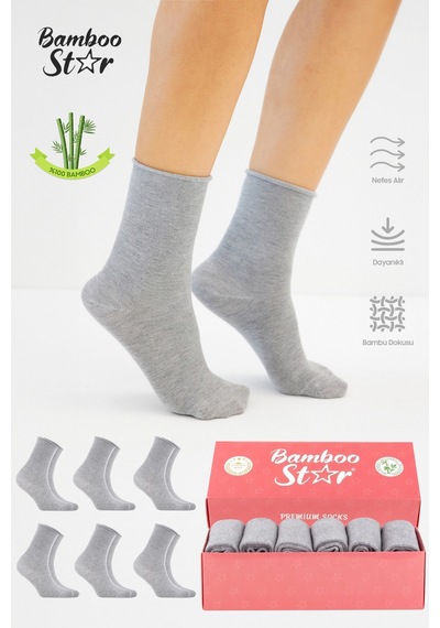 Bamboo Star Bambu Kadın Lastiksiz Gri Soket Dikişsiz Premium Çorap 6'lı Paket Sıkmayan Çorap - Iz Bırakmaz