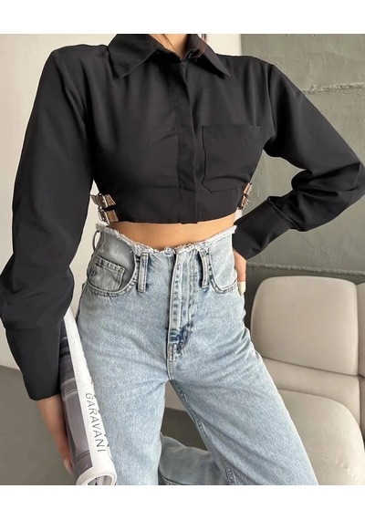 Defymoda Yanı Kemer Detaylı Crop Gömlek Siyah S4009 Siyah