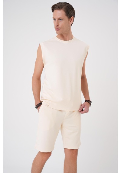 Efor Comfort Fit Bisiklet Yaka Esnek Pamuk Kolsuz Spor Bej Tişört Ts 898 Bej