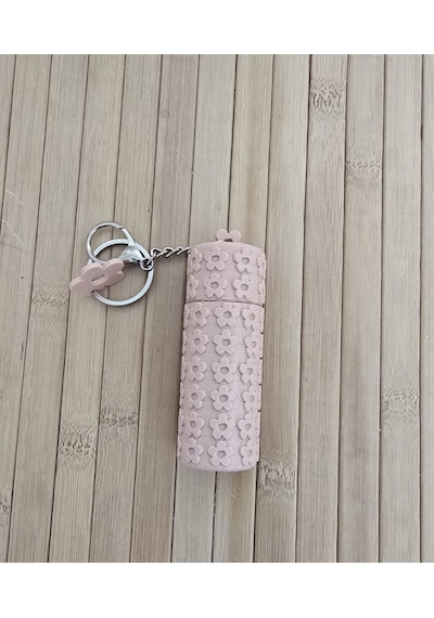 Çiçekli Model Ruj Ve Balım Kutusu Anahtarlık Çanta Charm Açık Pembe