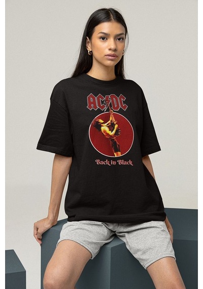 Ac Dc Back In Black Baskılı Unisex Oversize Rock Metal Tişört Siyah