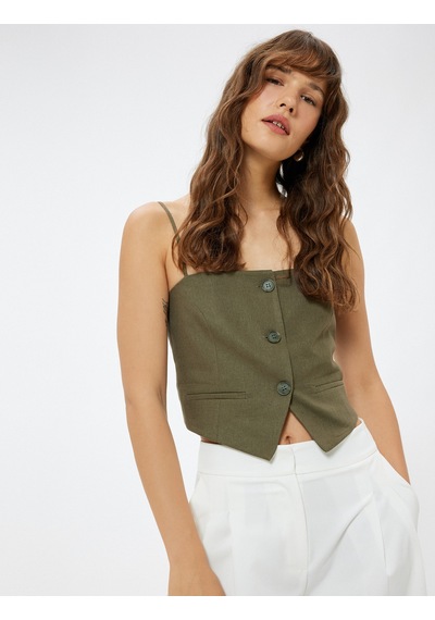 Koton Keten Askılı Crop Yelek Düğmeli Asimetrik Haki 4sak30156pw Haki