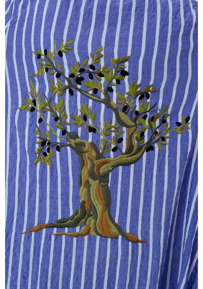 Bohem Stil Keten Çizgili Arkası Zeytin Ağacı İşlemeliı Takım Saks Mavi