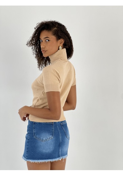 Miss Poem Kadın Kısa Kollu Boğazlı Crop Bej Triko Bluz Bej