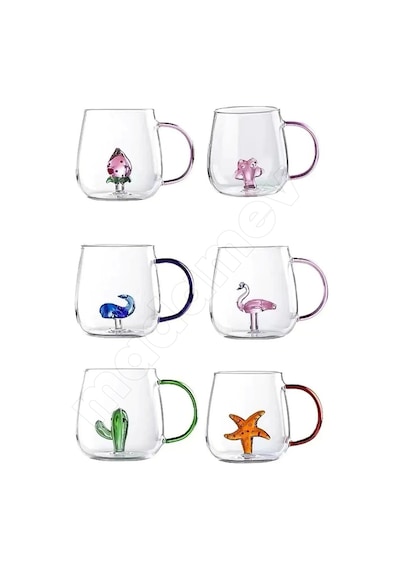2'li Figürlü Cam Bardak 3d Sevimli Karikatürler Bardağı Kawaii Renkli Kulplu Sunum Fincanı 350 Ml.