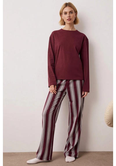 Benerly Kadın Bisiklet Yaka Uzun Kol Standart Kalıp Çizgili Örme Pijama T bordo