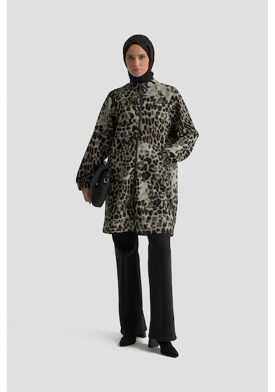 Armine Trend Leopar Desenli Fermuarlı Kolları Lastikli Cepli Tunik Siyah 25kt421 Siyah