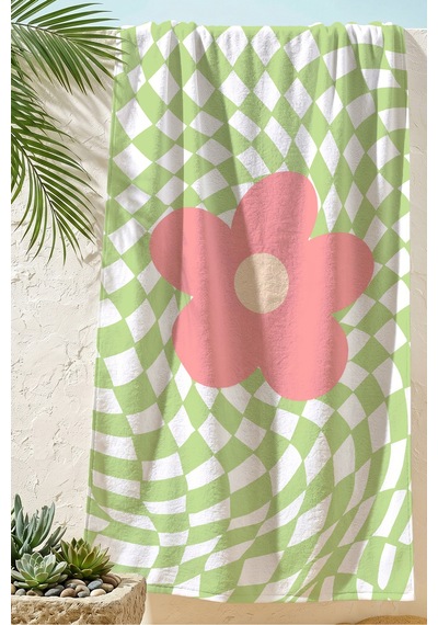 Çiçek Desenli Retro Plaj Havlusu - Yeşil Pembe Modern Geometrik Hızlı Kuruyan Mikrofiber Havlu Örtü Berrak Rüyası