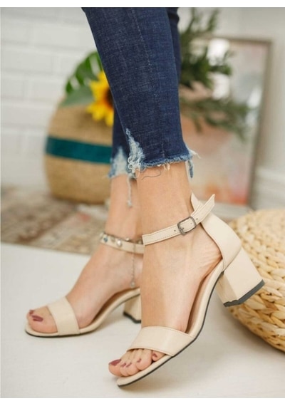 Moda Ayakkabı 0854 Cilt Krem 5Cm Topuklu Kadın Sandalet