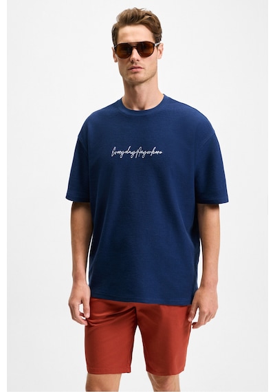 Grımelange OURFLOW Erkek Nakış Detaylı %100 Organik Pamuk Bisiklet Yaka Kısa Kollu Oversize Lacivert T-Shirt