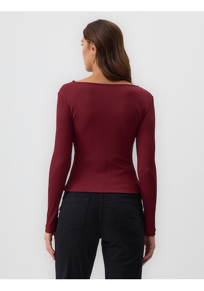 Jimmy Key Bordo Dar Kesim Uzun Kollu Kayık Yaka Örme Bluz 6sw035204562