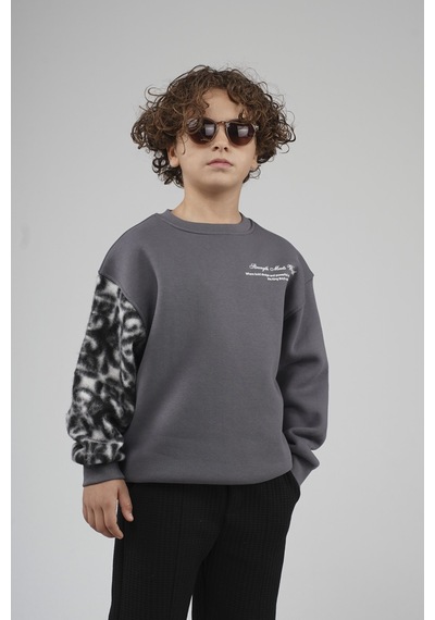 King-Brich Kingbrich Kids Bisiklet Yaka Kolu Garnili Baskılı Çocuk Sweatshirt Füme