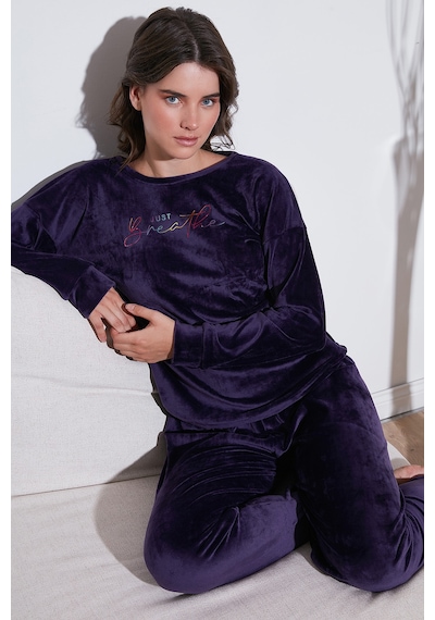 Lela Regular Fit Yumuşak Dokulu Kadife Bayan Pijama Takımı 6094200W4 Koyu Mor
