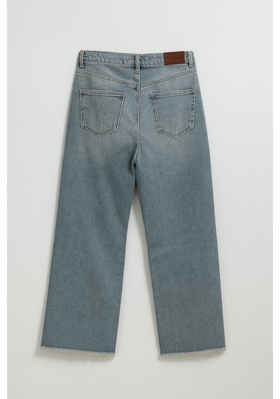 Kadın Yüksek Bel Wide Leg Dizi Yırtık Buz Mavi Jean Pantolon Mavi