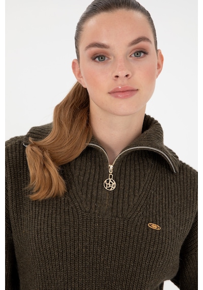 U.S. Polo Assn. Kadın Haki V Yaka Fermuarlı Kazak 50297086-VR027
