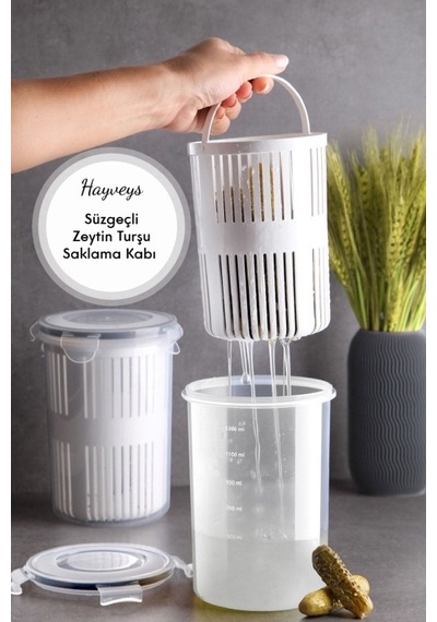 Süzgeçli Kilit Kapaklı Zeytin Turşu Saklama Kabı Mikrodalgada Kullanıılabilir 1500 Ml G-16 Plast Diğer