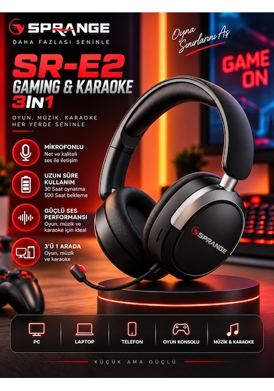 Sprange Bluetooth 6.0 Aktif Gürültü Engellemeli Kablosuz Kulaklık Çıkarılabilir Mikrofonlu - Sd Kart Destekli Sr-e2