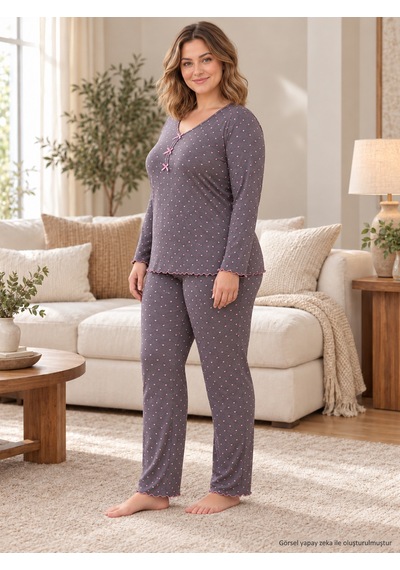 Seboteks Mevsimlik İnce Kumaş Kalp Desenli Uzun Kollu Büyük Beden Kadın Pijama Takımı 3177 Füme Seboteks Mevsimlik İnce Kumaş Kalp Desenli Uzun Kollu Büyük Beden Kadın Pijama Takımı 3177 Füme