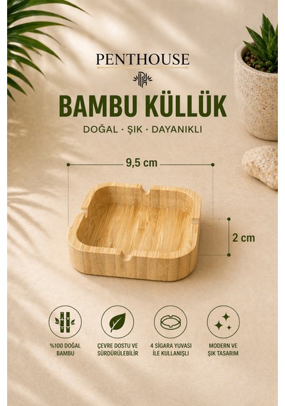 Kare Doğal Bambu Küllük 4 Yuvalı Dayanıklı Ve Şık Masaüstü Küllük 9,5 Cm
