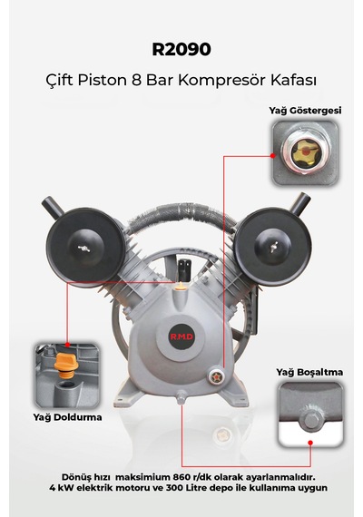 R.m.d Kompresör Çift Piston 8 Bar Kompresör Kafası R2090