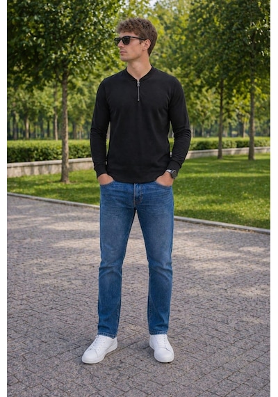 Alexandergardi Hakim Yaka Yarım Fermuarlı Erkek Sweatshirt Siyah