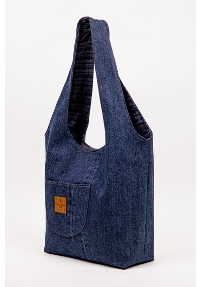 Fabric Craft Bag Denim Omuz Çantası Kadın Lacivert Cepli Astarlı Günlük Çanta 38x32 Cm