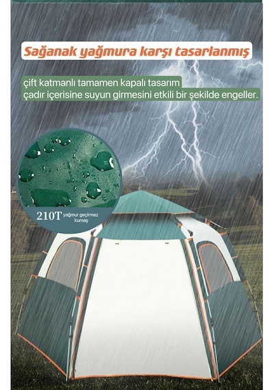 Tam Otomatik Su Ve Rüzgar Geçirmez Gölgelikli Altıgen Çadır Aile Çadırı 280 240 155 Cm Yeşil