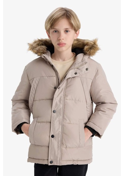 Defacto Erkek Çocuk Çıkarılabilir Suni Kürk Yaka Kapüşonlu Polar Astarlı Mont E7417a825wnbg755 Bej-bg755