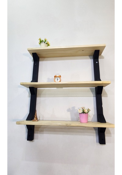 Modern 3 Katlı Ahşap Duvar Rafı Dekoratif Masif Ahşap Kitaplık Ve Duvar Rafı Siyah - Ahşap