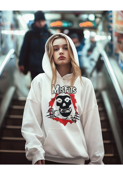 Sevbano Misfits Baskılı Unisex Oversize Rock Metal Hoodie Beyaz