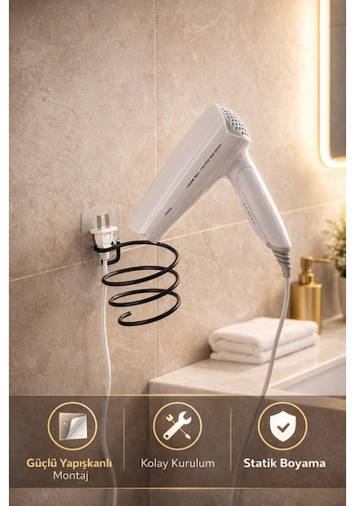 Alper Banyo Siyah Güçlü Yapışkanlı Fön Makinesi Askısı