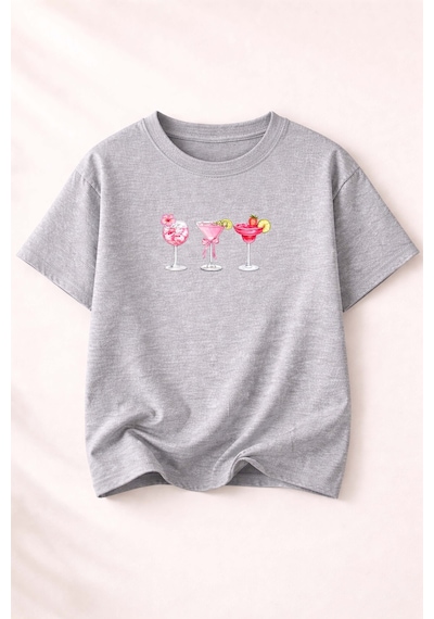 Herkesemoda Summer Baskı Detaylı Kadın Bisiklet Yaka Pamuklu T-shirt Gri