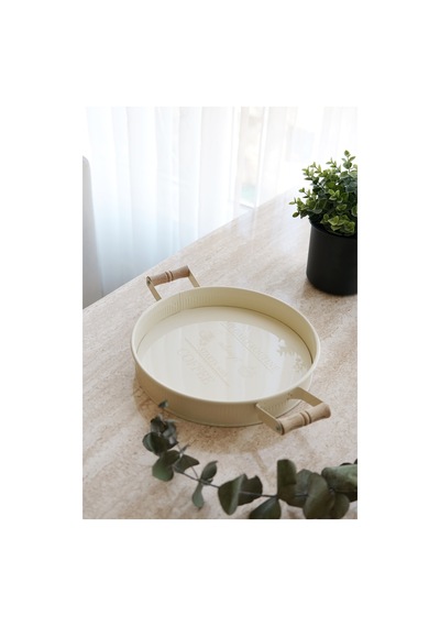 Ahşap Kulplu Yuvarlak Metal Tepsi, Servis Ve Sunum Tepsisi 26 Cm Krem