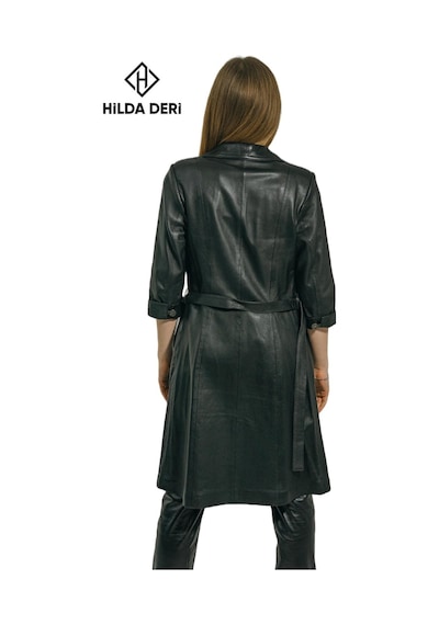 Hilda Deri Yarım Kollu Siyah Hakiki Deri Düğmeli Elbise Trençkot Diana 001